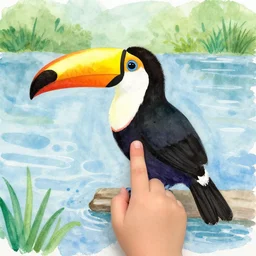a full toucan on a lake, finger paint watercolor by little kid