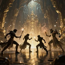 silhouette of fantasy league of legends characters fight with magic in big cave, action scene, lumen reflections, sharpened, insanely detailed and intricate, hypermaximalist, elegant, ornate, hyper realistic, super detailed, digital art, bokeh blur
