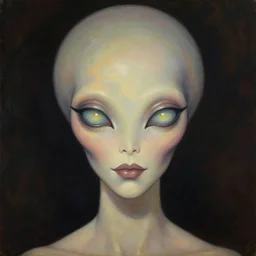 portrait painting of an elegantly beautiful alien woman with big glowing eyes, by norman rockwell. muted colors, soft gradients. dark background. trending on artstation. retrofuturism.