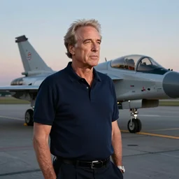 aesthetic illustration of jeffrey epstein, wearing a dark blue polo shirt, standing near fighter jet on an empty runway at dusk, cinematic lighting, high detail, volumetric lights, pinterest wallpaper