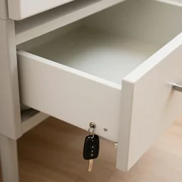 car key on the bottom of the open empty drawer