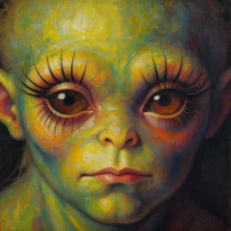 close up portrait of a mutant monster creature with very long eyelashes that go up, covering the entire forehead. colorful painting by jan van eyck, audubon