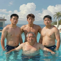 digital art painting of exactly three adult brothers and their slightly overweight older father in a swimming pool , unreal 5, DAZ, hyperrealistic, octane render, volumetric clouds dynamic lighting