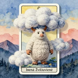 A watercolor art of Mumintroll character in shape of wool felting amazing clouds, illustration by Irena Žviliuvienė, book cover, colorful background with mountains, 4k resolution, ultra detailed, matte painting, tarot card style, character design