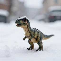 a beautiful photo by saul leiter of a real tiny cute dinosaur standing in a snowy street, tiny gaussian blur, insanely detailed, insanely intricate, insanely beautiful, depth of field, low contrast, snowy, wide aperture