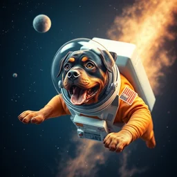 a rottweiler flying in space with a astronaut suit