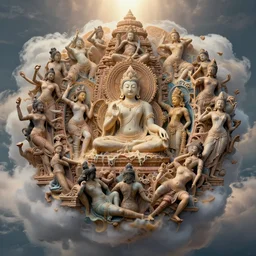 massive mess of Kajuraho sculptures melted in a organic form all together become real beautiful human realistic bodies practising kamasutra in the clouds, celestial light,  photo real,  by Simon Stålenhag, by Stanley Artgerm Lau, Greg Rutkowski, Thomas Kinkade ,Alphonse Mucha, Loish, Norman Rockwell ,trending on artstation , rule of thirds, Highly detailed, anatomically correct, dramatic lighting,