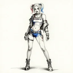 concpet art, full shot, traditional ink, sketch, of megan fox as harley quinn, line sketch, intricate, elegant, highly detailed, monochrome, digital painting, artstation, concept art, blue, black, red ink sharp focus, illustration, art by borderlands 3 and peter polach