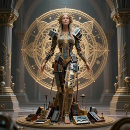 a photo of her a mystical goddess woman covered in modular synthesizer parts surrounded by sacred geometry made from elven architecture, full body, perfect face, powerful, cinematic, beautifully lit, by bastien lecouffe - deharme, by karol bak, 3 d, octane render, 8 k