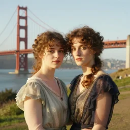 portrait of two young women!! in love! golden gate bridge! in background! edwardian style!!! by mary rischgitz