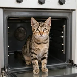 a tabby kitten in an shut oven looking at the camera