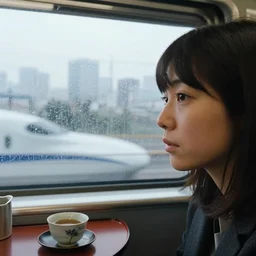 hyperrealistic, highly detailed. : foreground like hyper detail documentary 5 0 mm 8 k ronin film still closeup profile portrait of shinkansen train table with tea interior with realistic eyes real - life holly herndon seated at window with wet foggy window view. : \ - background like a 1 9 9 0 s documentary still image of neo tokyo in the distance