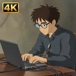 illustration of a man with glasses connected to his laptop with hundreds of wires, highly detailed, by ghibli, butcher billy, mcbess, rutkowski, james jean, 8 k, photorealistic