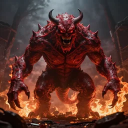 hyper realistic image of a huge monster in the backrooms demand side is looking evil and a monster is red also on fire
