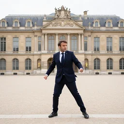 emmanuel macron getting kicked out of the elysee palace, full body shot, highly - detailed, sharp focus, award - winning
