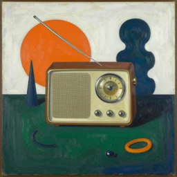 born under a bad sign, watches, radios, good luck and trouble are my only friends, colors white!!, orange, dark green, dark blue, abstract oil painting by max ernst
