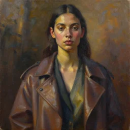 detailed portrait in feminine identity, ethnic, realistic face sculpted features, statuesque model, street outfit with layered look, structured jacket, warm glow, lush, bathed in light, chiaroscuro, specular highlights, angular impressionism, radiosity, natural color scheme, deep rich tones, modern fashion, contemporary art, oil on canvas