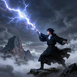 the magician with a black robe blast a thunder spell with his staff, thunder ray, mountain, clouds, artstation