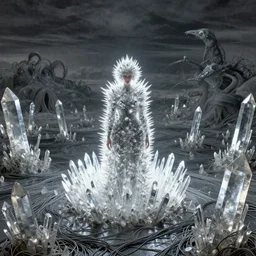 Woman, spiky crystals, wide shot, shiny, flat background, glowing, wires everywhere, by Edgar Maxence and Ross Tran, Zdzisław Beksiński, and Michael Whelan, distant, gustav dore, H.R. Giger, 8k, octane render