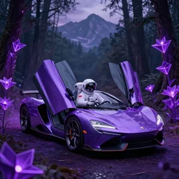 an astronaut sitting inside of a supercar with butterfly winged doors open, in a forest of purple geometric neon flowers, mountains in background, 4 k, moody, dramatic, trending on artstation, award winning, photorealistic, volumetric lighting, octane render,