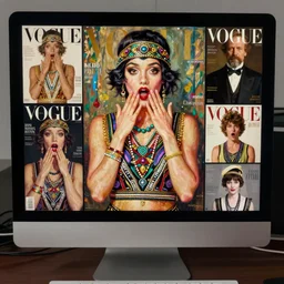 vogue magazine, computer monitor display library, vintage roaring 2 0 s flapper, surprised, greg rutkowski, john singer sargent, anime, trending on pixiv, oil painting, crop top, intricate