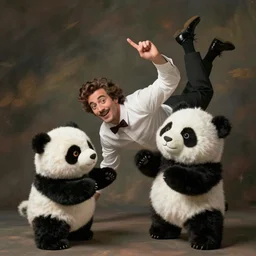 Handsome French man falling as it gets kicked by a cute jumping stuffed panda