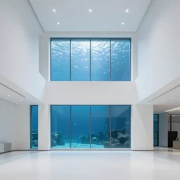 a large white room with minimalist architecture and large glass windows, underwater, aquarium,
