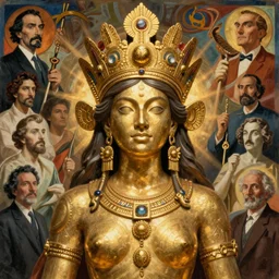 portrait of a Chibcha gold goddess by Kowalski and Heckel and Ríos and Rutkowski and Mucha and Brom and Miller and Botero and Dalí and El Greco and Kalho and Miyazaki and Gutiérrez, Soviet propaganda poseer