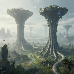 a futuristic image of an alien swampland with gigantic complex shaped tower with tubes intersecting, by James clyne and Andrée Wallin, foggy, cyberpunk city in the distance, iridescent, artstation, CG society, Ariel view, wide angle