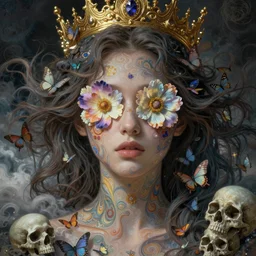 ornate, intricate, young, beautiful, woman, fractal patterns, ethereal, flowers covering eyes, flowing hair, cinematic by tsutomu nihei by emil melmoth, gustave dore, craig mullins, yoji shinkawa, skulls, artstation, pete morbacher, hyper detailed, high detail, artstation, rendering by octane, unreal engine, cinematic, ghost, clouds, colors, paint strokes, butterflies, gold, crown,