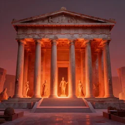 a matte painting of a Modern Atlantis grec temple pantheon of legends of dynasty highly detailed architecture by Frank Lloyd Wright and Zaha Hadid red and orange glow volume light
