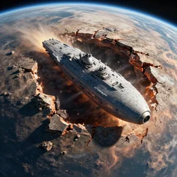 a planet buster warship bombarding the surface of a terra compatible planet, planet's crust breaking apart, catastrophic destruction, unreal engine, raytracing