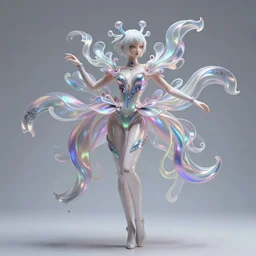 iris van herpen isolated vinyl figure magical girl explosive couture, figure photography, dynamic pose, holographic undertones, motion shapes color design, glitter accents on figure, anime stylized, sharp focus, accurate fictional human proportions, defined face, high delicate defined details, ethereal lighting