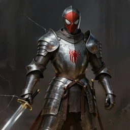 medieval knight spiderman. fantasy art, plate armor. dramatic lighting. warrior. fullplate. web and sword. digital painting, highly detailed. masterpiece