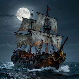 zombie pirate ship, full moon, rough seas, photo