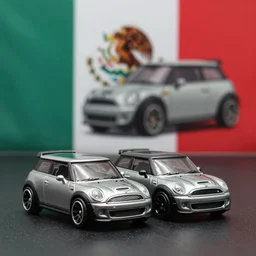 3 5 mm photo of metallic mini cooper s like hot wheels model with a mexico as background, epic cinematic, epic lighting