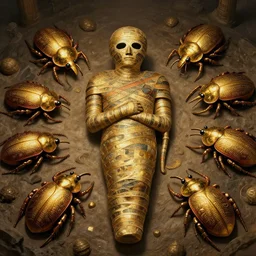 ancient mummy surrounded by golden scarabs with intricate patterns, concept art, digital illustration, trending on artstation, deviantart, artgerm, epic composition, masterpiece, highly detailed, advanced technique, ambient lighting, wlop, ross draws