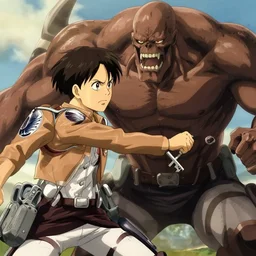 a key shot of Attack On Titan , fighting a celestial titan, animation at mid-day, medium shot, waist up, studio Ghibli, Pixar and Disney animation, sharp, key art by Greg Rutkowski, dramatic lighting, flat texture