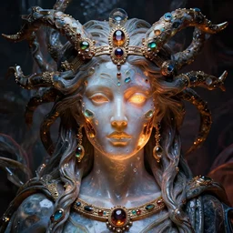 detailed portrait, high priestess, gorgon, regal molten glassworks face sculpted features, large eyes, statuesque, translucent skin, silk hair, tech noir, opulent, encrusted, jewel, glowing from within, chiaroscuro, organic impressionism, deep backdrop, natural colors, octane render