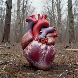 photograph of an anotomicallt cotrect human heart sitting on the ground in a forest of dead trees