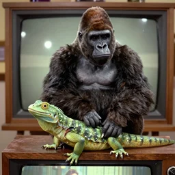 A gorilla riding a lizard in a museum, On the television show The Brady Bunch, Closeup