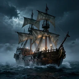 wild ocean storm at night, old wooden pirate ship appearing from fog, dramatic lighting, cinematic, establishing shot, extremly high detail, foto realistic, pirates of the carribean, cinematic lighting, post processed, concept art, artstation, matte painting, style by eddie mendoza, raphael lacoste, alex ross