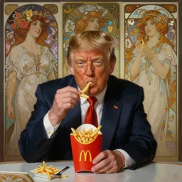 1960s Neo Rococo Expressionist, 1960s orientalism, diffuse lighting, fantasy, intricate, elegant, highly detailed, lifelike, photorealistic, digital painting, artstation, illustration, concept art, smooth, sharp focus, Donald Trump eating fries at McDonald's, art by John Collier and Albert Aublet and Krenz Cushart and Artem Demura and Alphonse Mucha