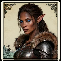 portrait of a alluring huntress elf in pelt armor, furaccessories, face details, brunette hair, ponytail, dark skin, blue eyes, dark fantasy, sharp focus, award - winning, masterpiece, highly detailed, intricate, by rebecca guay, rossdraws, tarot card border