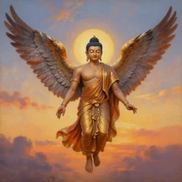 Siddhartha Gautama with wings, flapping its wings flying in sunset sky, oil on canvas, portrait, intricate, 8k highly professionally detailed, HDR, CGsociety