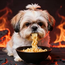 Demon Shih Tzu eating Ramen Noodles, Professional Photograph, Fire, Lava