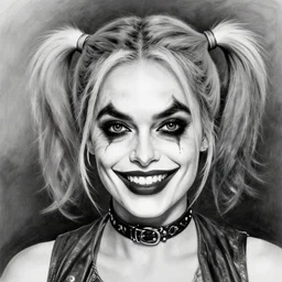 a realism drawing of margot robbie as harley quinn portrait with joker makeup, in the style of den yakovlev, realistic face, black and white, realism, hyper realistic, highly detailed