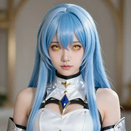 rimuru tempest in holy armor, sky blue straight hair, long bangs, with amber eyes, gold eyes, high collar, choker, ultra detailed, concept art, award winning photography, digital painting, cinematic, wlop artstation, closeup, pixiv, evil, yoshitaka amano, andy warhol, ilya kuvshinov,
