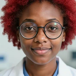 closeup at a scientist African woman, with red hair and big round glasses, award winning photo, 4K