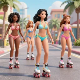 1 9 4 4 bikini models rollerblading on the streets 3 d render octane render